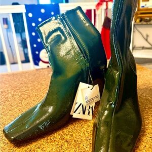 Zara Dark Green Patent Square-Toe Ankle Boots